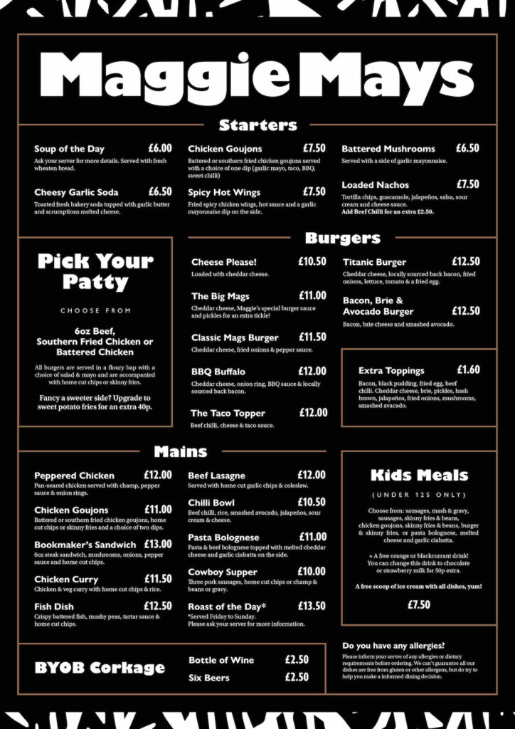 Maggie Mays Menu Starters Burgers